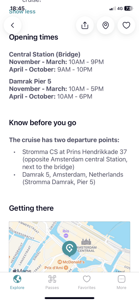 Informations pratiques dans l'application Go City Pass.